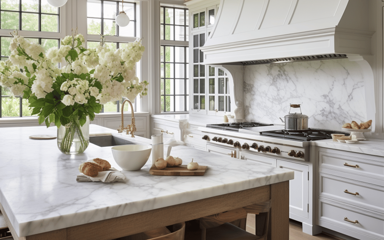 Bright white kitchen with a marble island, tall black-framed windows, and a professional gas range.