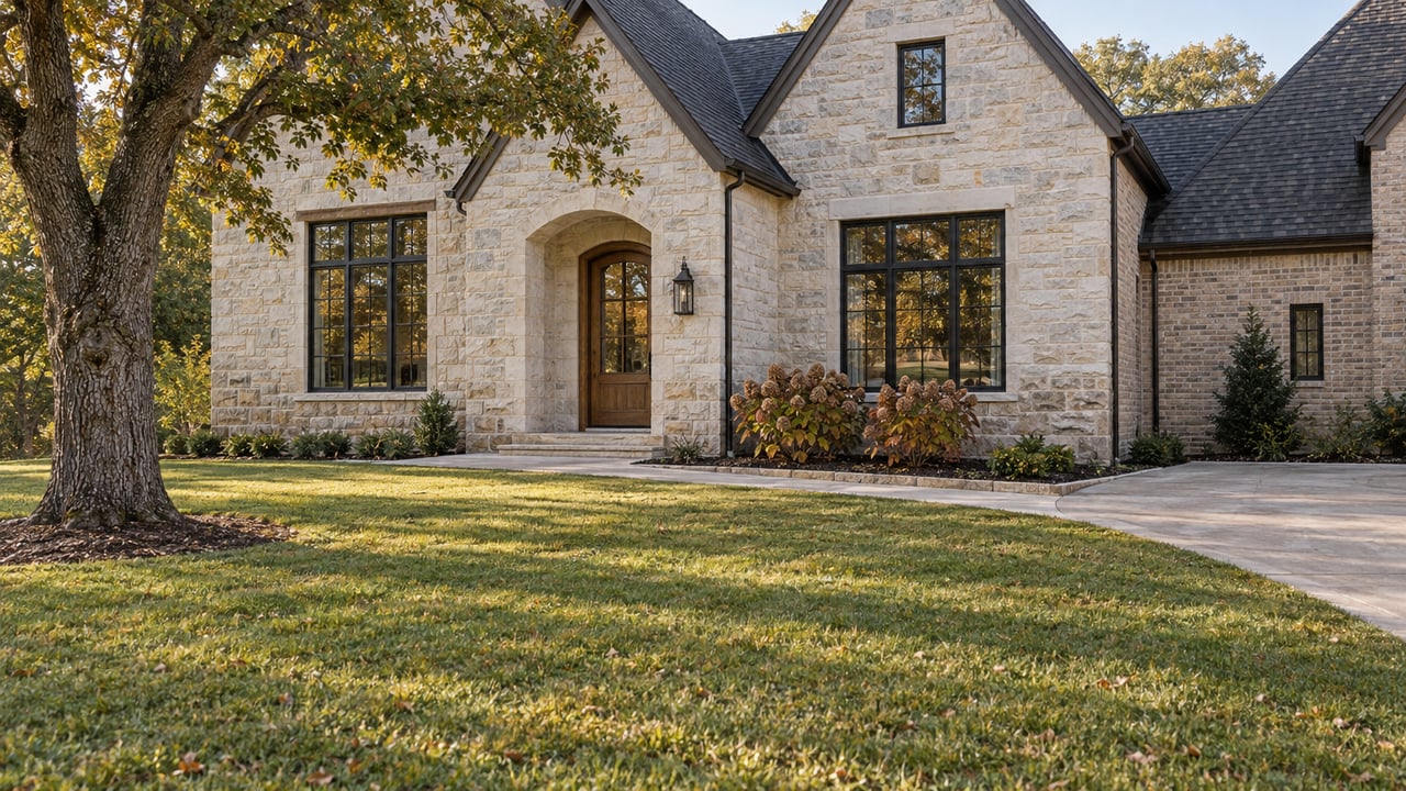 Pale limestone and light-brick custom home with steep dark gables, black-framed windows and an oak entry door beyond a broad autumn lawn.