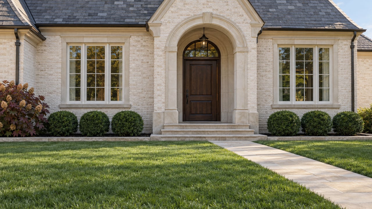 Limewashed brick home with an arched limestone entry, paired windows, clipped boxwood and a deep front lawn in soft morning light.