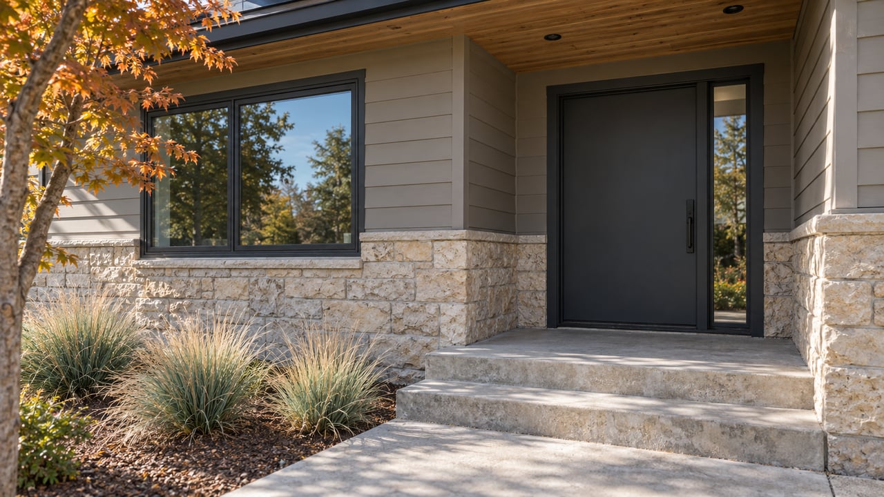 Covered home entry with cedar soffit, gray siding, limestone base and concrete steps beside orange maple leaves.