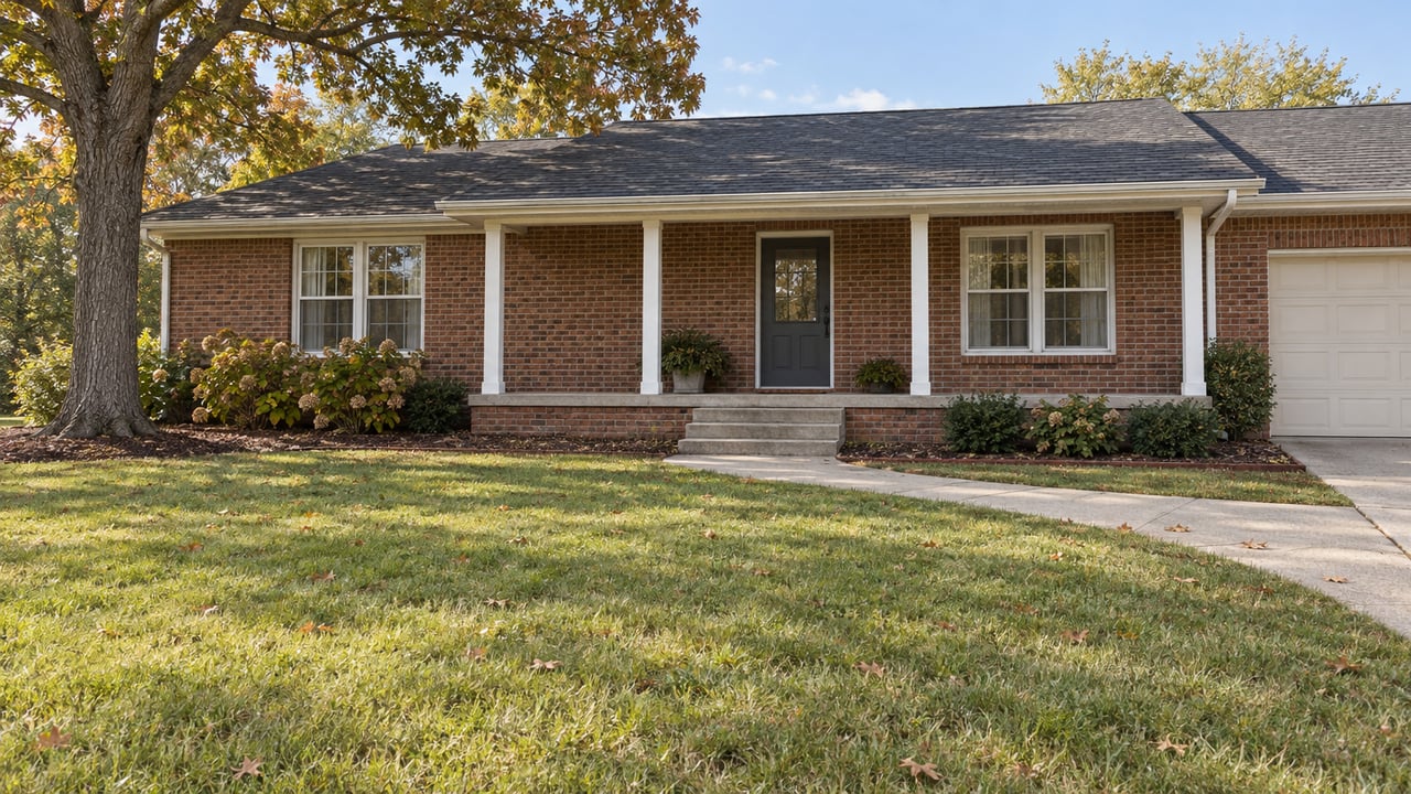 Brick ranch with white porch posts, a broad autumn lawn and a mature oak beside a concrete front walk.
