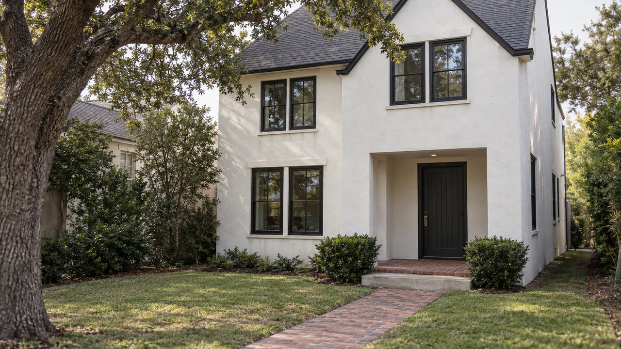 Renovated white stucco home with a charcoal gabled roof, brick entry path, and tree canopy.