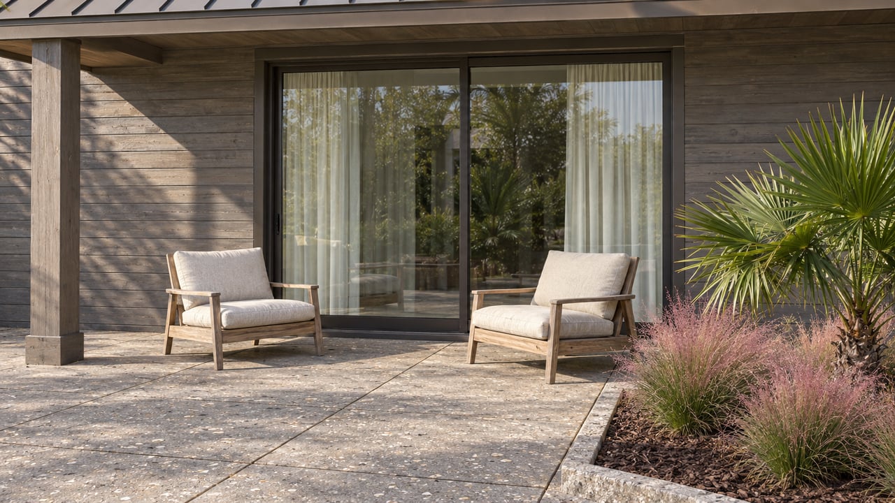 Sunlit villa terrace with weathered cypress siding, bronze-framed glass doors, teak chairs and pink muhly beside a dwarf palmetto.
