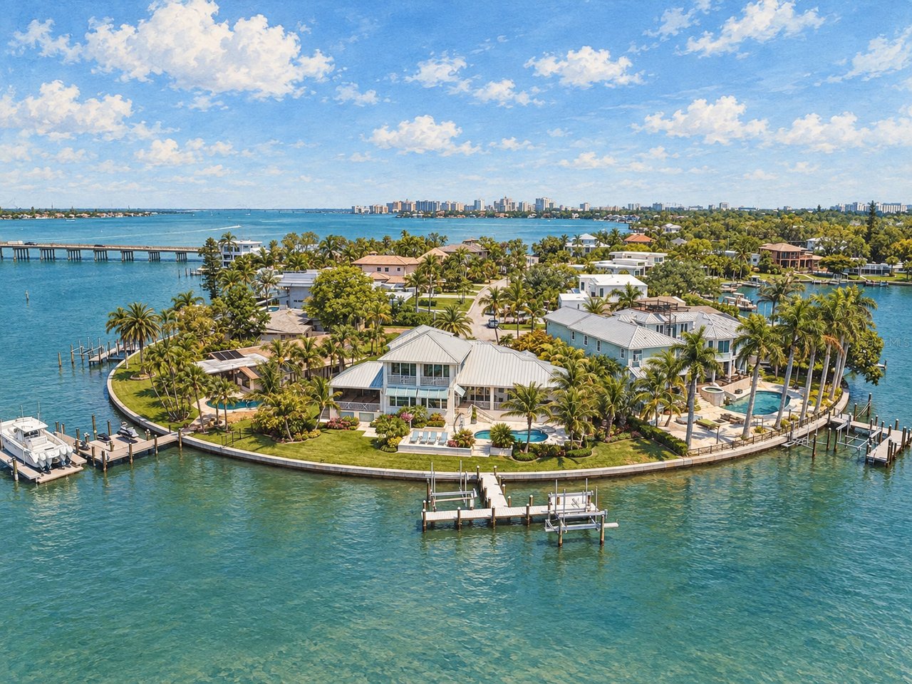 Aerial view of waterfront homes with private docks, pools, and palm trees along a bay.