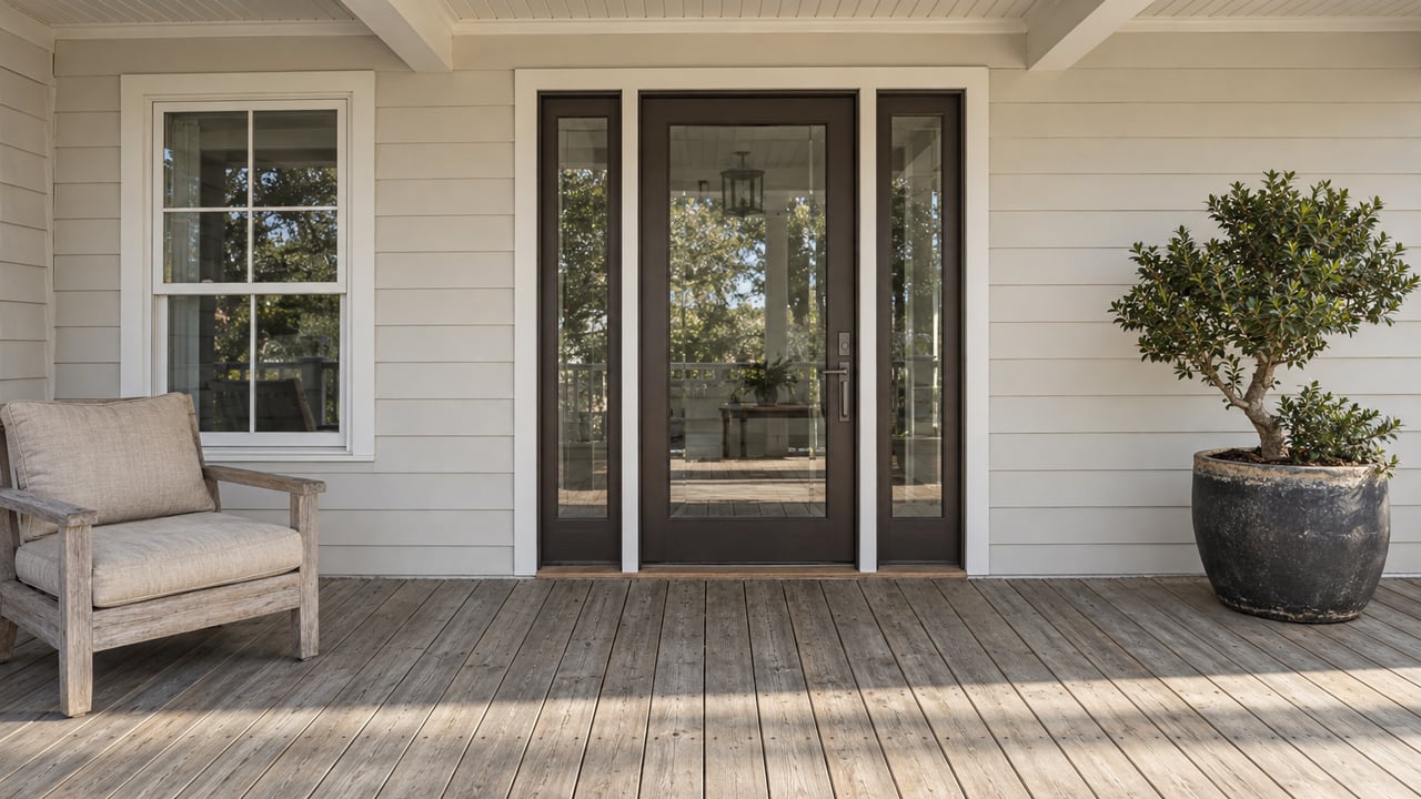 Covered porch with weathered timber decking, cream siding, glazed entry, teak chair and a potted yaupon.