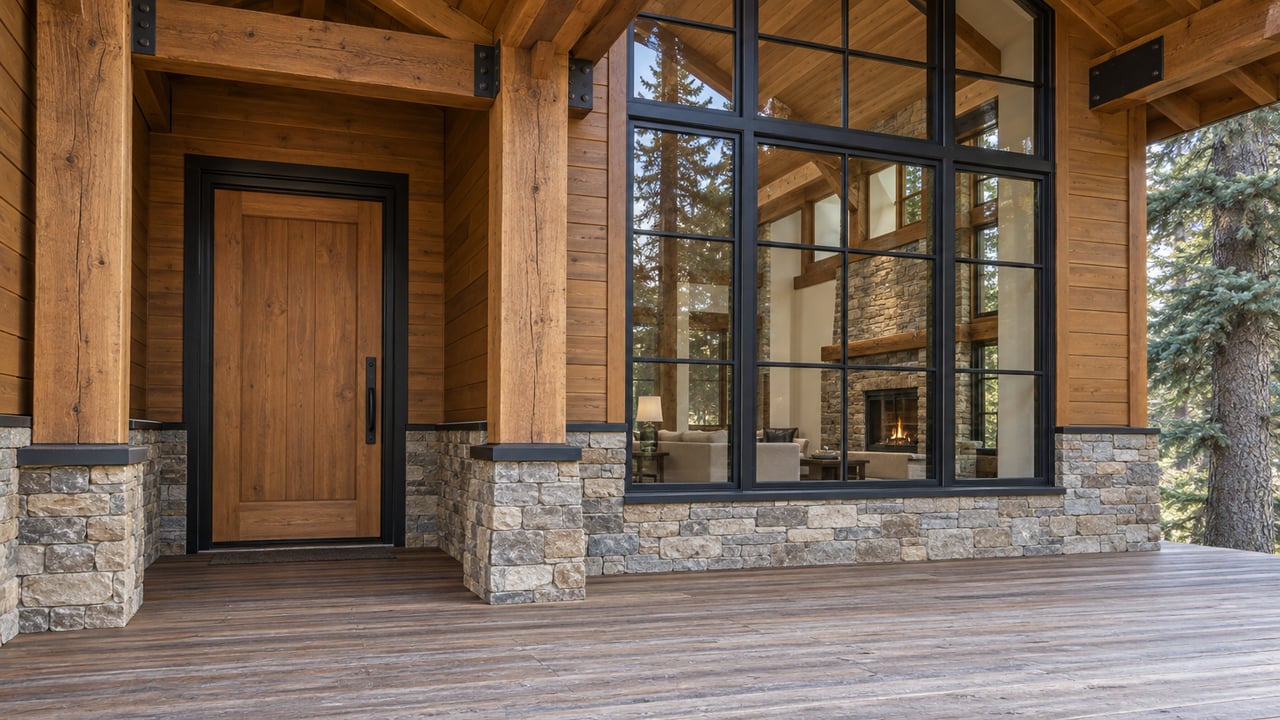 Sheltered timber home entrance with black-framed great-room glazing, weathered wood decking and a stacked-stone foundation.