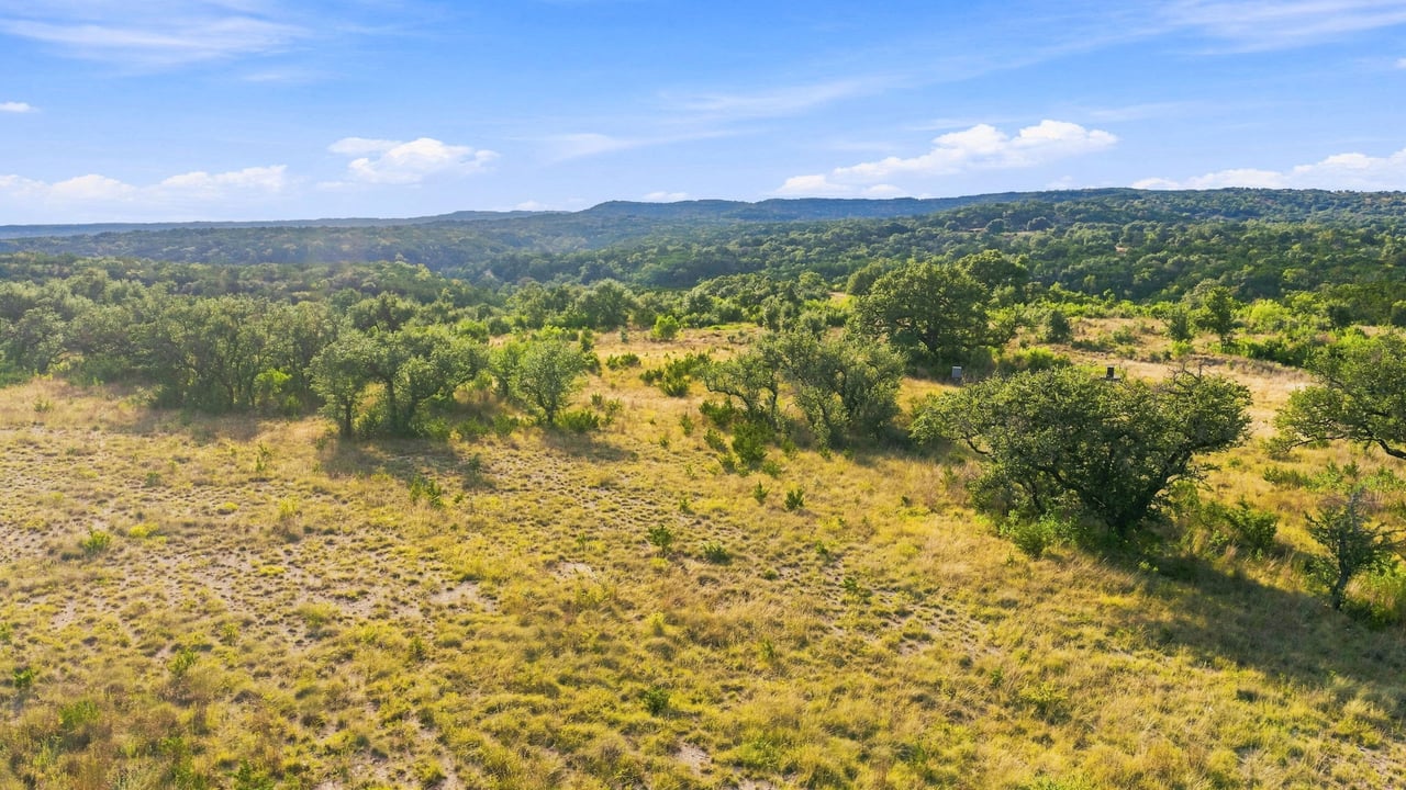 Open ranchland with scattered oak trees and wooded hills in the distance.