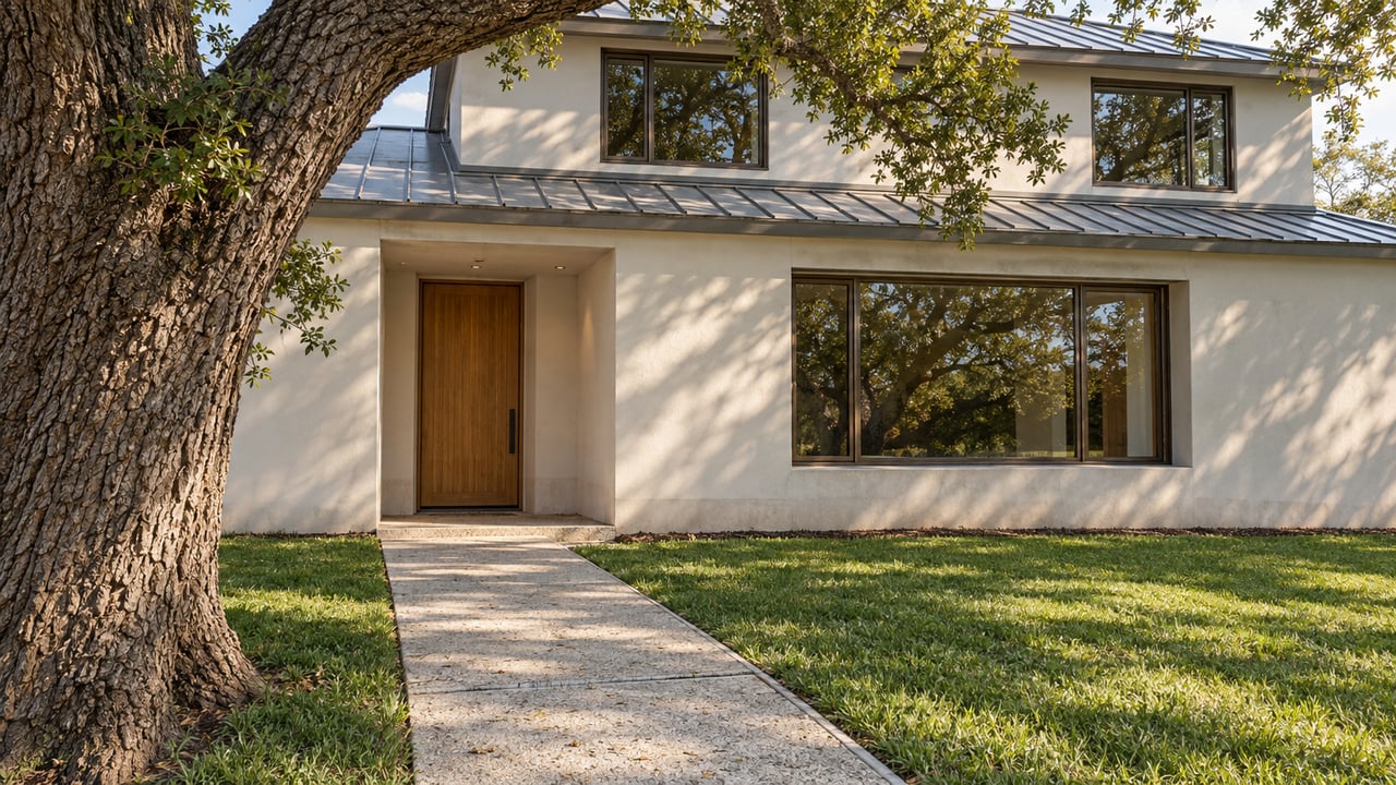 A mature live oak shades the lawn and pale concrete approach to a white-rendered home with bronze-framed windows and a timber front door.