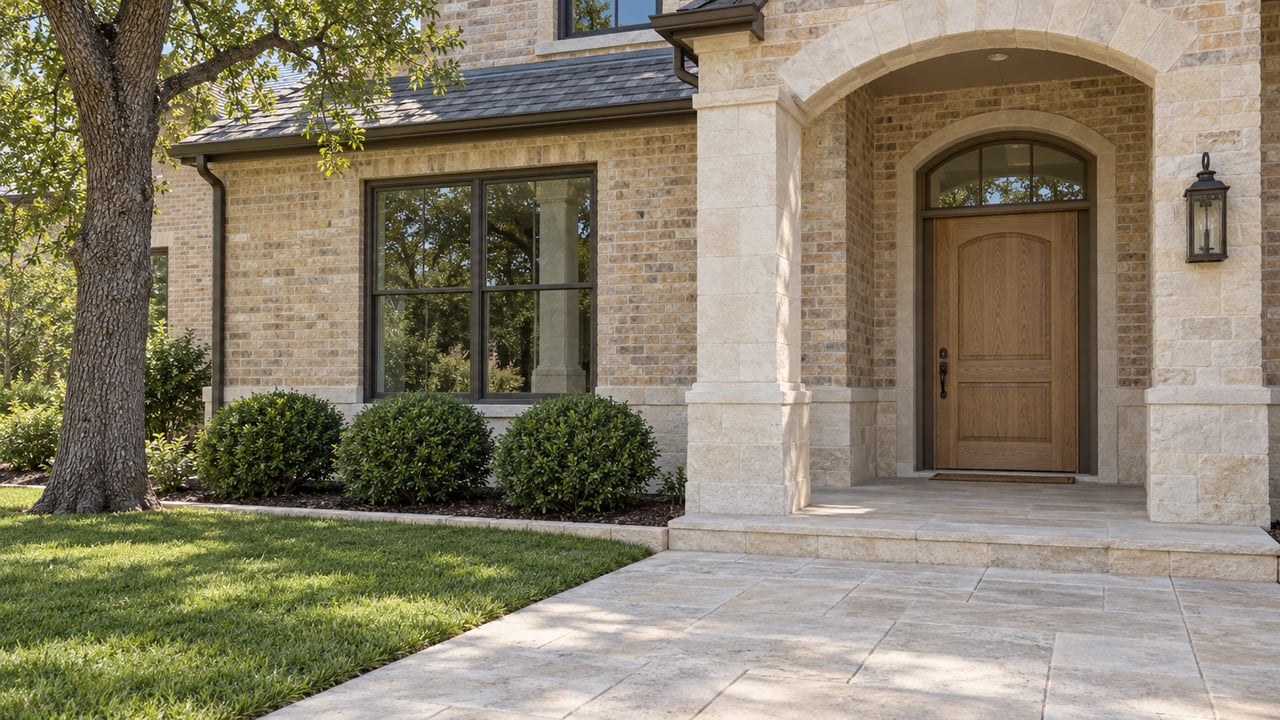 Sunlit brick and limestone home entry with an arched oak door, dark-framed window and broad stone approach.
