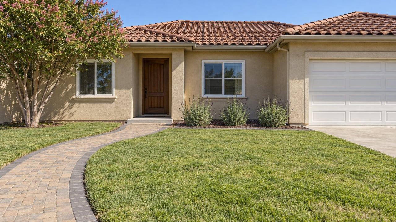 Sunlit single-story stucco home with a red tile roof, white-trimmed windows, a curved paver walk and a broad front lawn.