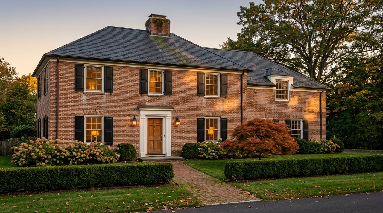 Two-story brick colonial with glowing windows, a red-orange Japanese maple, and a herringbone walkway.