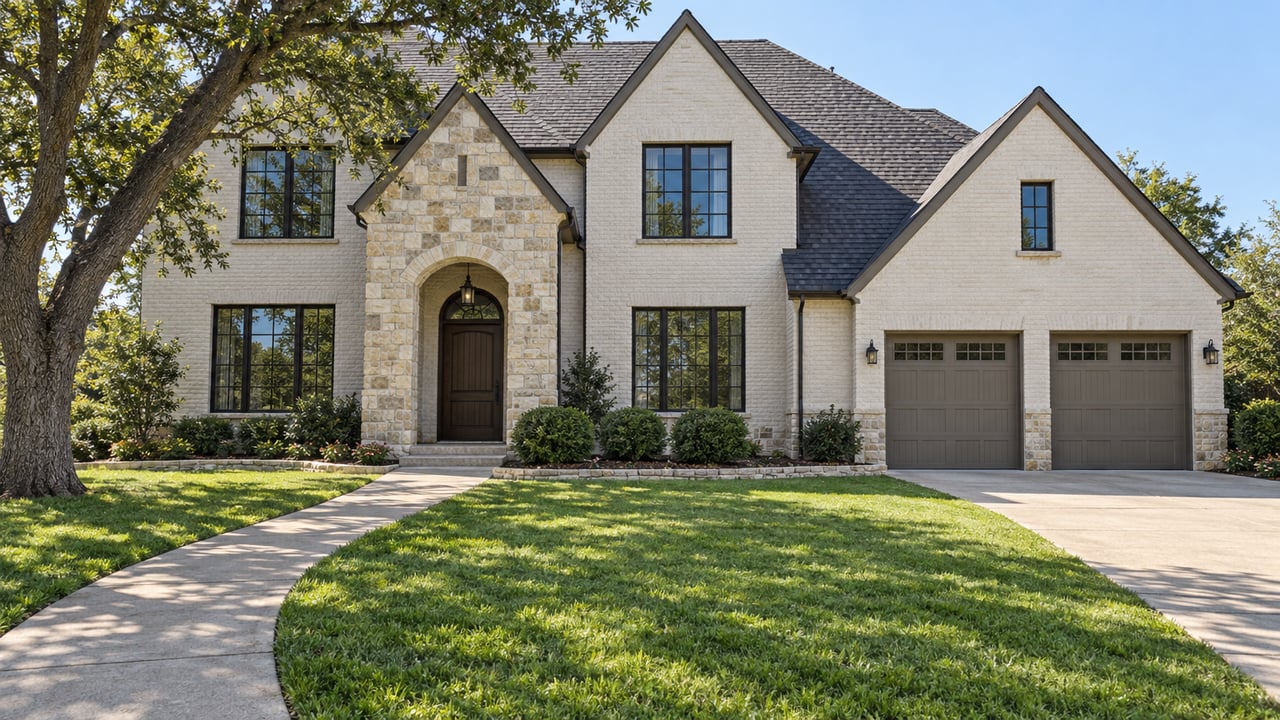 Stone and painted-brick home with steep gables, a deep front lawn, mature bur oak and a curved concrete walk.