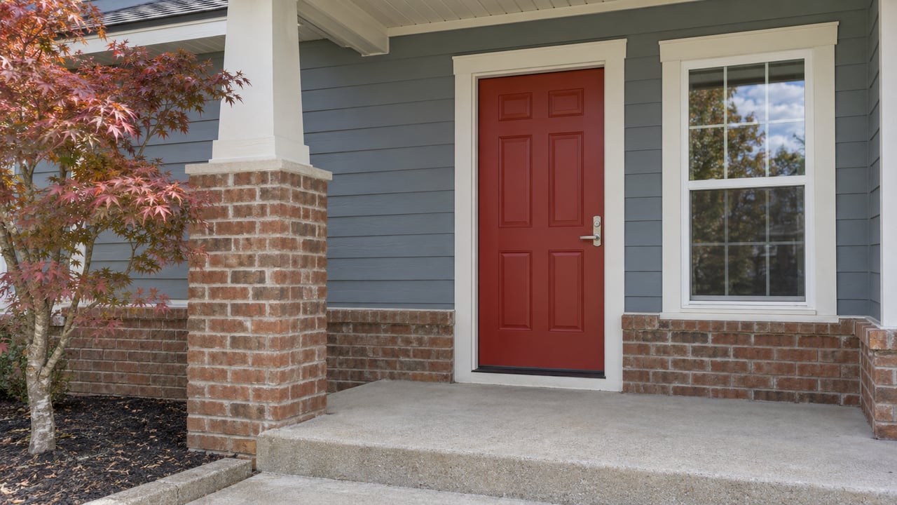 Covered red front door beside a white-trimmed window, blue-gray lap siding and a brick pier, with autumn maple leaves at the edge.