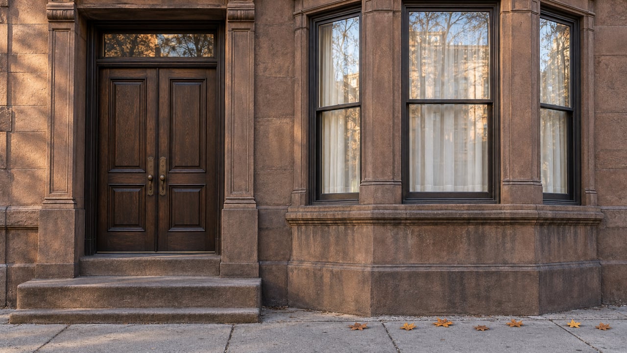 Weathered brown sandstone townhouse entrance and bronze-framed bay windows above worn stone steps, with autumn leaves along the sidewalk.