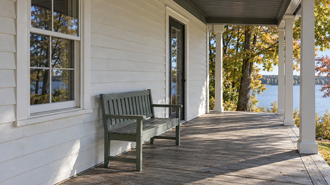 Covered porch with pale clapboard siding, a wood bench, and amber leaves beside a glimpse of lake.