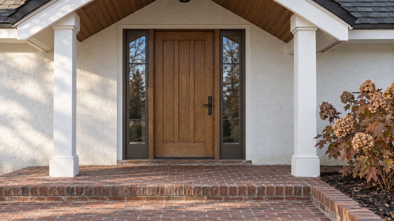 White stucco porch with an oak door, paired sidelights, weathered brick steps and an oakleaf hydrangea.