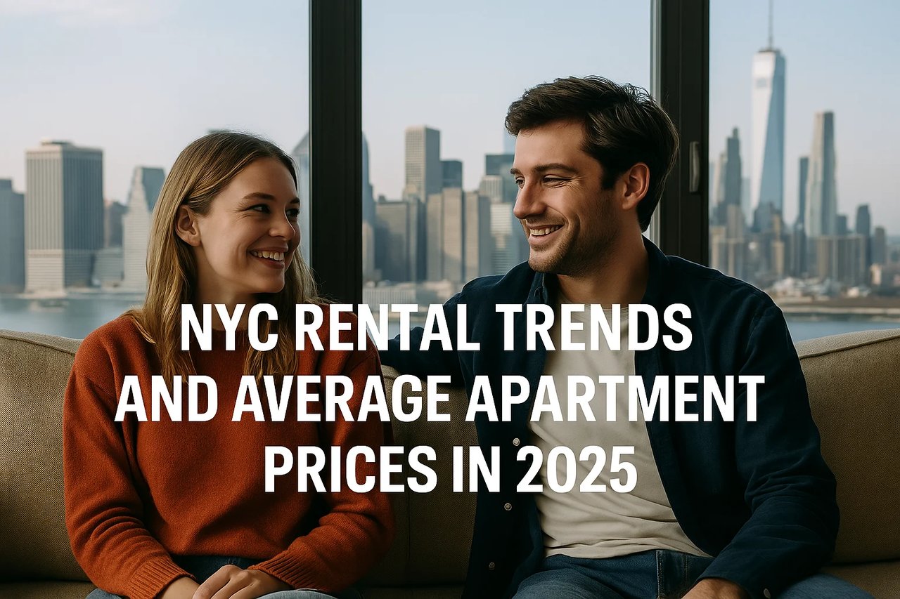 A young couple standing on a rooftop overlooking the New York City skyline, symbolizing the city's evolving rental market in 2025.