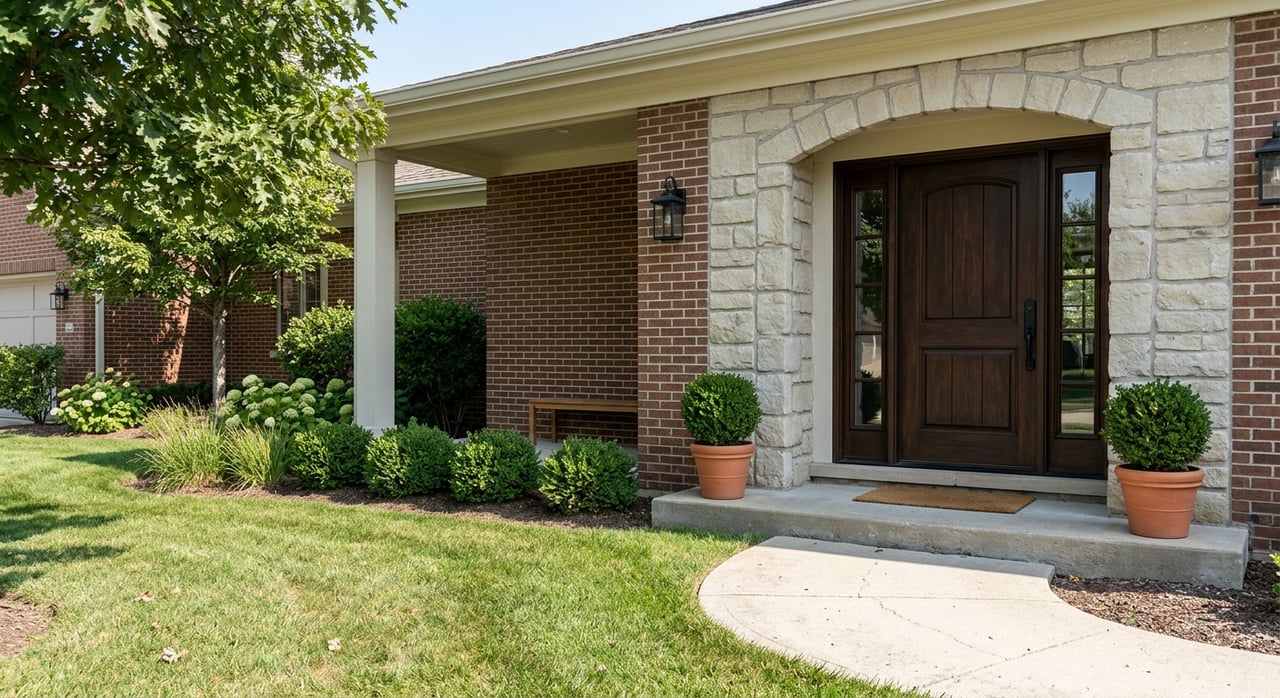 Arched limestone entrance with a dark walnut door, brick walls, mature trees, and foundation shrubs.