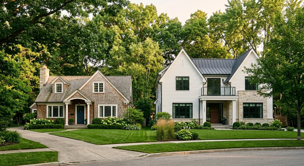 Weathered gray-brown shingle cottage beside a larger white-shingle rebuild with steep gables and limestone accents.