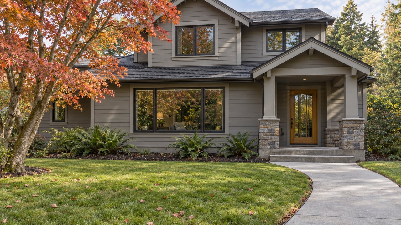 A gray lap-sided home with dark window frames, a deep front lawn, and an autumn vine maple beside a concrete approach.