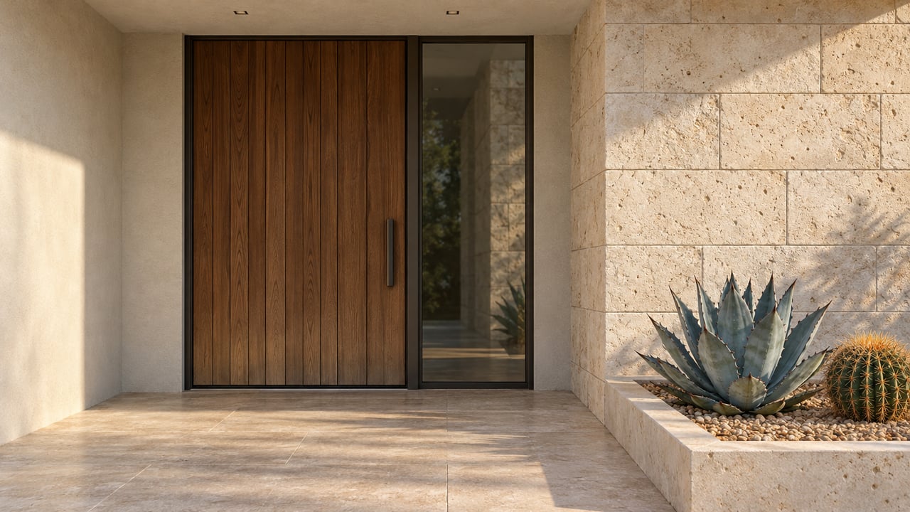Sunlight grazes a limestone and warm wood residential entrance beside a raised bed with an agave and barrel cactus.