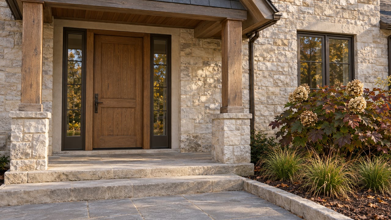 Limestone and oak covered home entry with matching glazed sidelights, worn stone steps, and burgundy oakleaf hydrangea foliage.