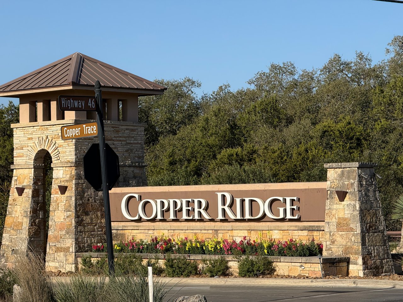 Stone entrance monument for Copper Ridge neighborhood on Highway 46 in New Braunfels.