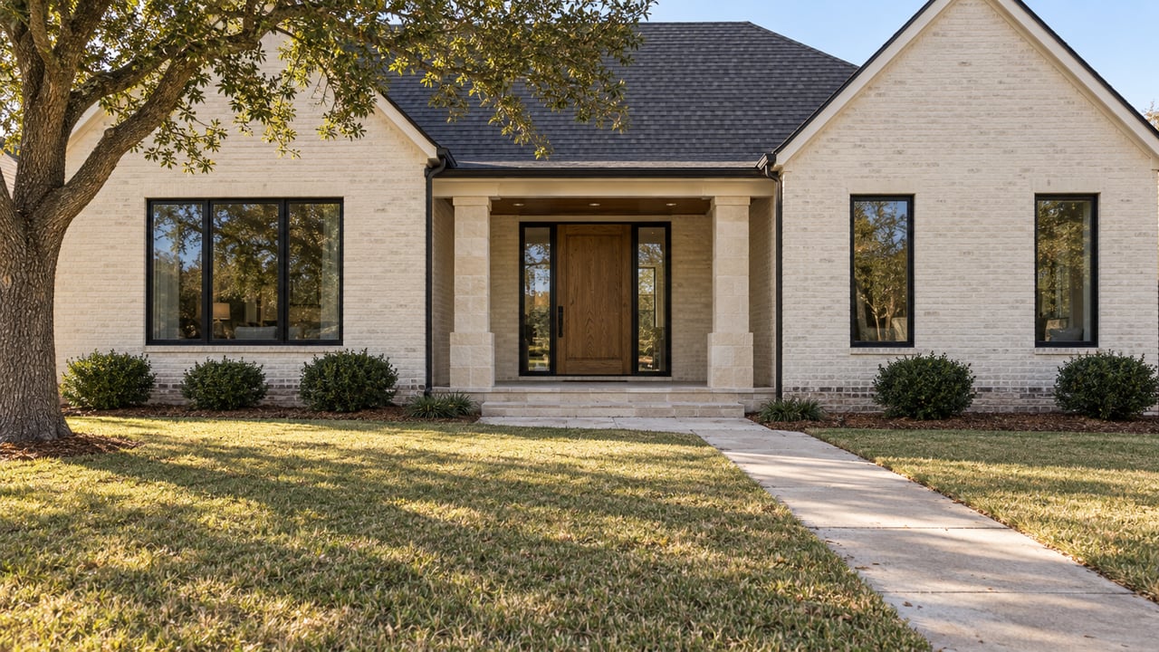Cream painted-brick home with dark gabled roofs, black-framed windows, an oak front door, and a broad lawn shaded by a live oak.