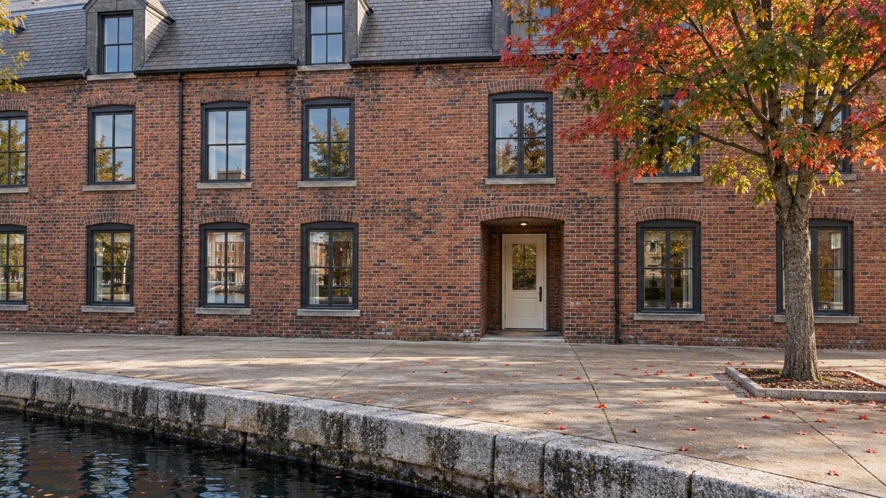 Three-story red-brick building with a recessed ivory entrance beside a waterfront promenade and granite curb.