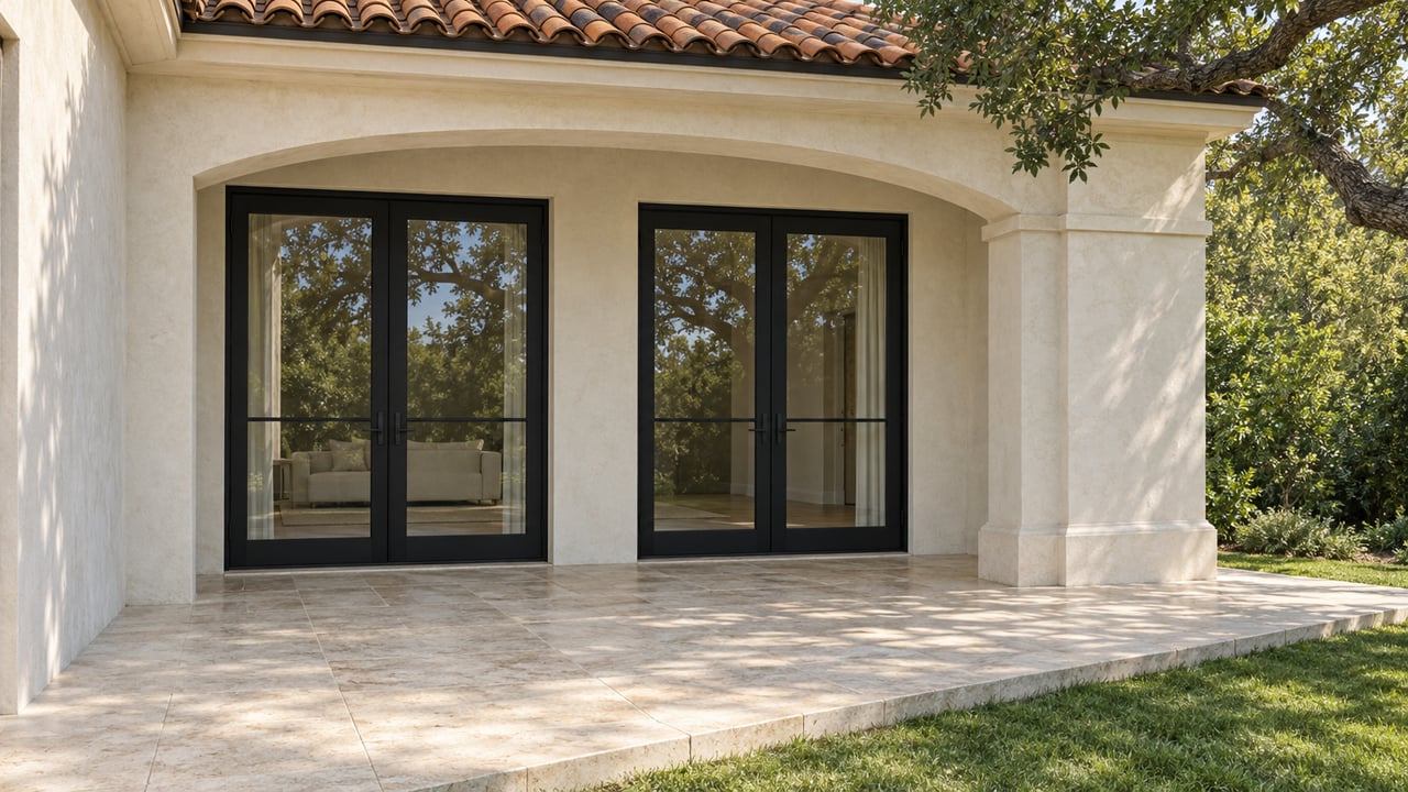 Sunlit stucco loggia with paired black-framed glass doors, a weathered clay-tile eave and limestone terrace stepping down to lawn beneath a live oak branch.