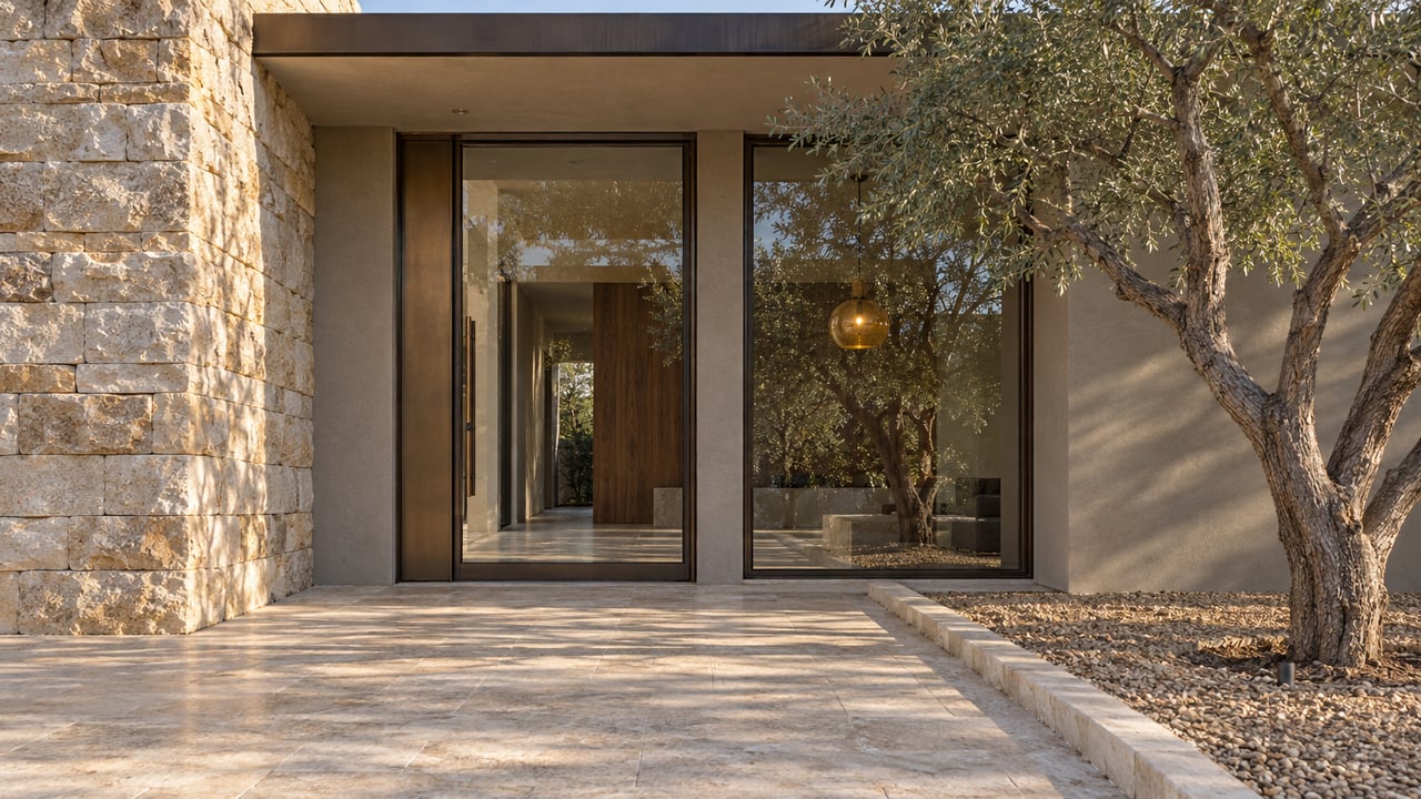 Warm light grazes a limestone and glass entry beside a mature desert ironwood tree and a raised stone landing.