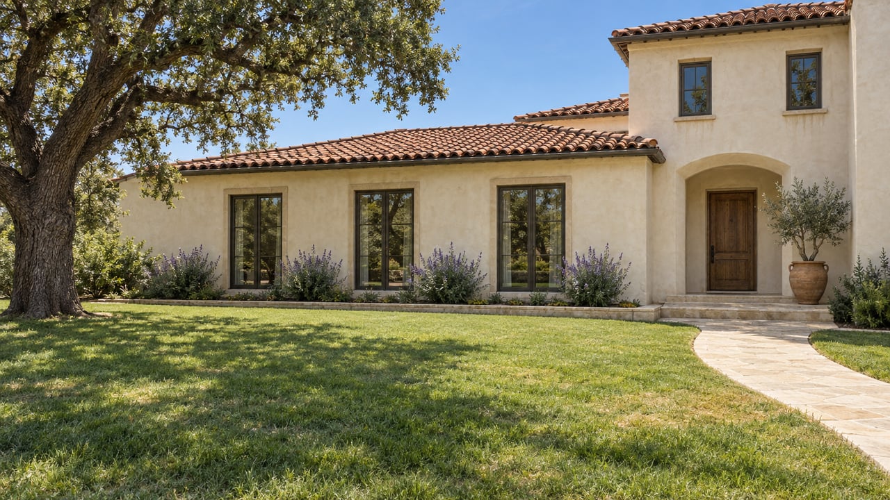 Pale stucco estate with clay tile roofs, a deep lawn, limestone approach, and a mature oak in clear afternoon light.