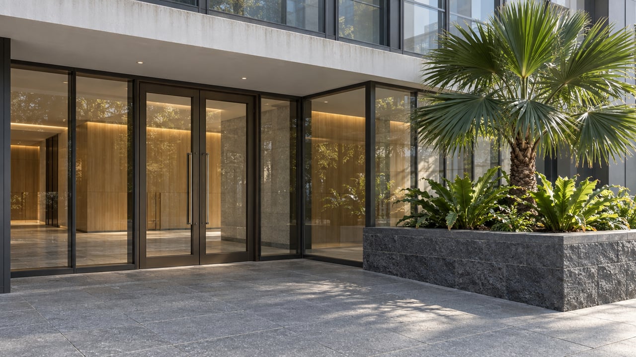 Glazed residential entrance beneath a white canopy, beside a raised basalt planter with a fan palm and bird's-nest ferns.