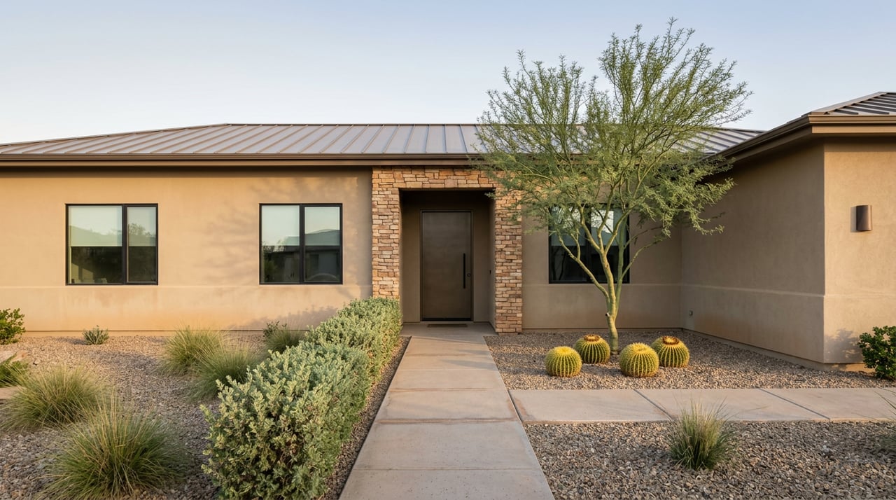 Desert-modern home with a stone-framed entry, Palo Verde tree, barrel cacti, and a gravel path.