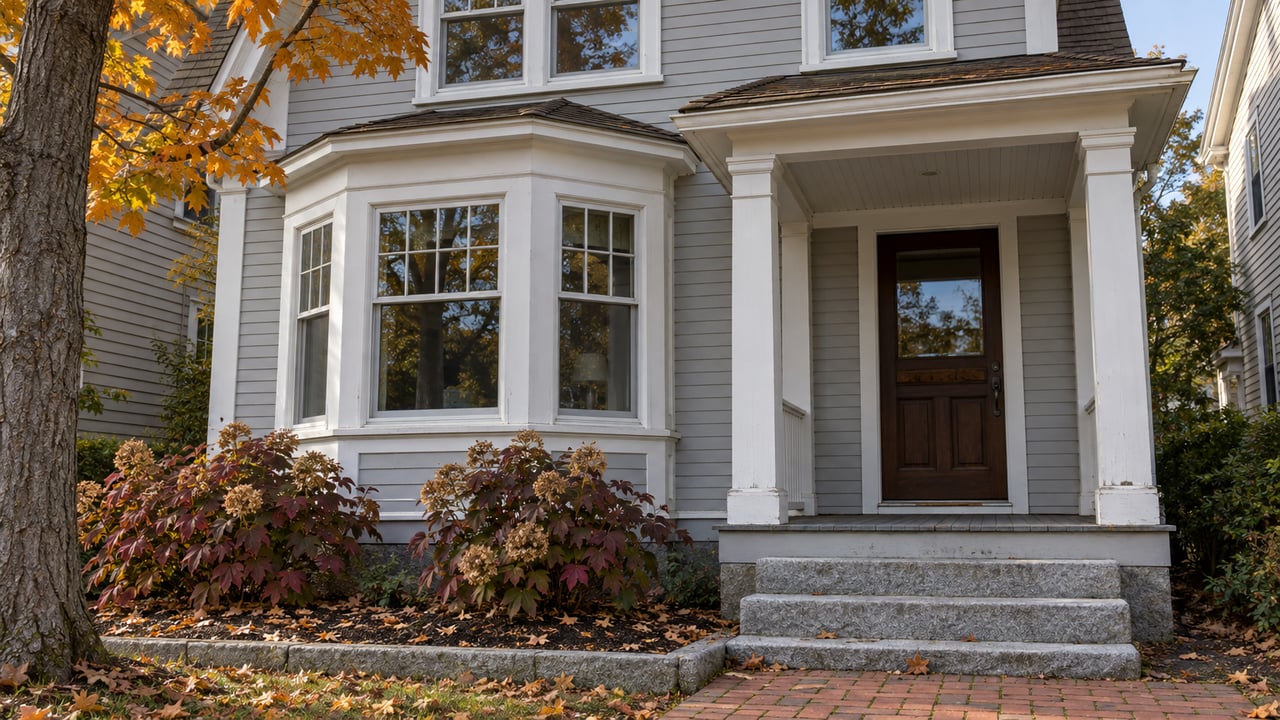 Gray clapboard home with white-trimmed bay windows, a covered timber entry, granite steps and burgundy oakleaf hydrangeas in soft autumn light.