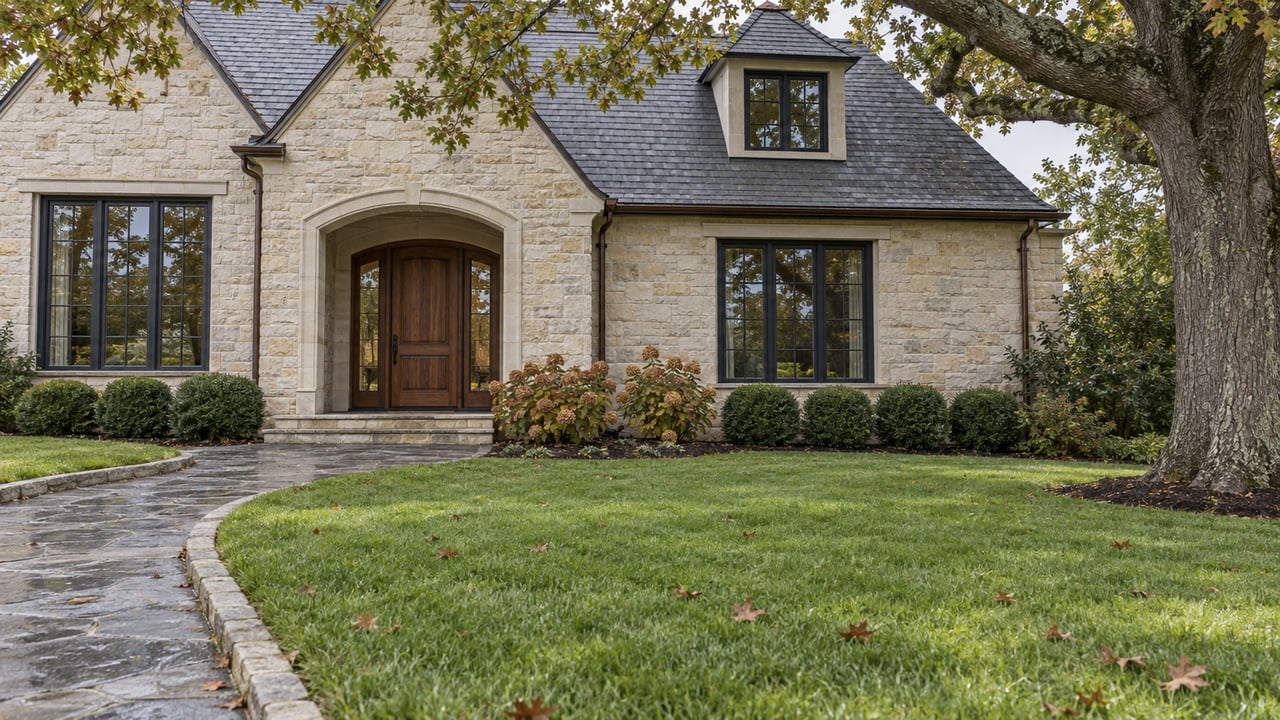 Pale limestone home with a slate roof, arched walnut entry and broad front lawn beneath a mature white oak.