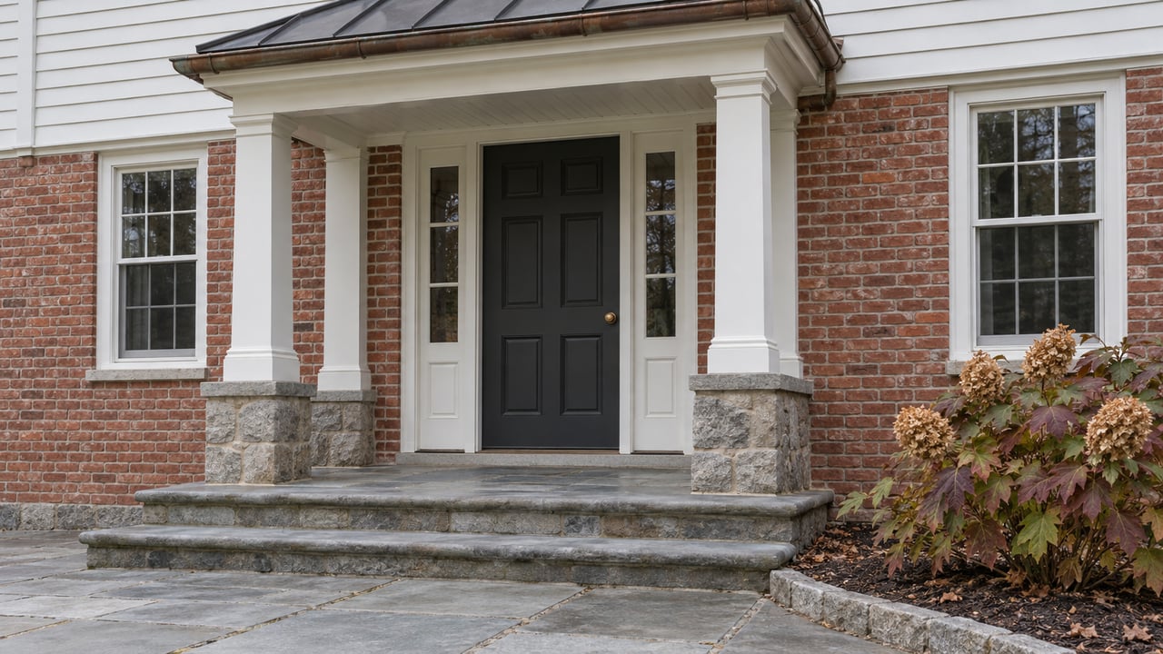 Covered entry of a brick and ivory clapboard home, with a charcoal door, paired sidelights, worn bluestone steps and autumn oakleaf hydrangea.