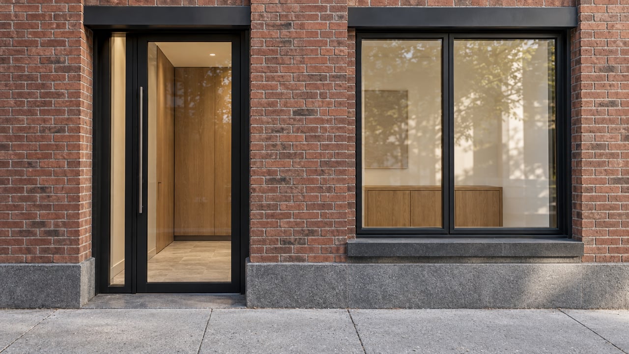 Close architectural photograph of a brick residential entrance with black-framed glazing, gray stone details, and a concrete sidewalk.