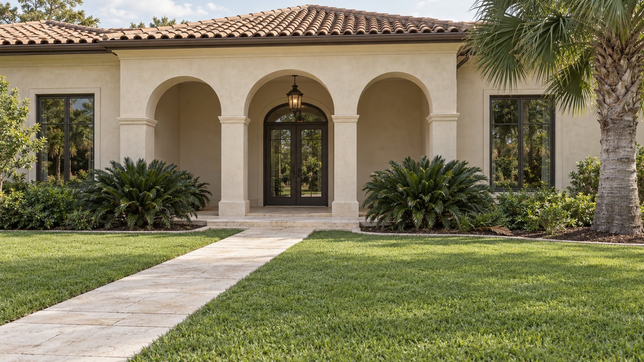 An ivory stucco home with a clay tile roof and arched entry, seen across a deep green lawn and limestone approach.
