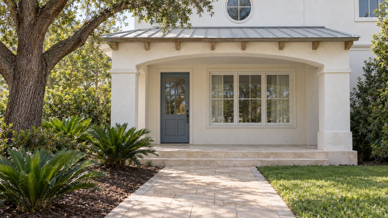 White stucco home with a timber-roofed arched porch, pale stone steps, a muted blue front door and carefully spaced native planting.