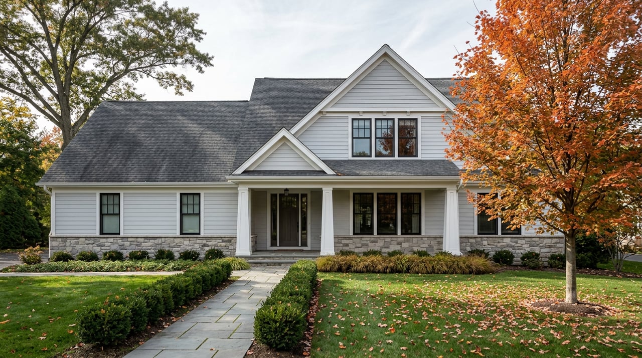 Two-story gray-sided home with a stone base, broad lawn, bluestone walk, and orange-red sugar maple.