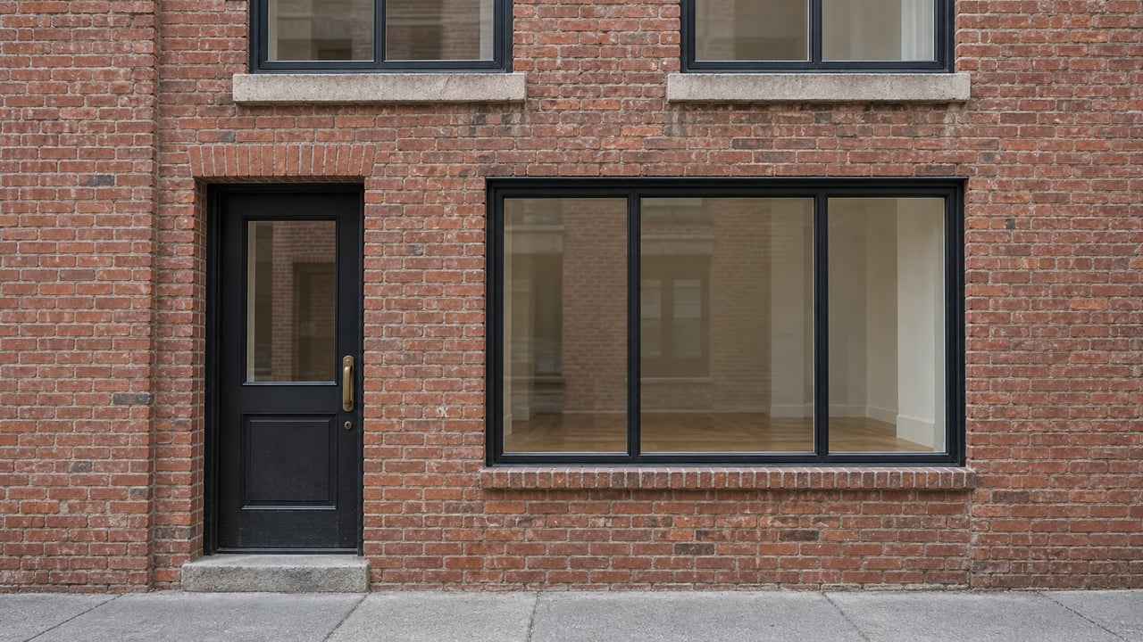 Red brick building with a black entry door and large black-framed windows.
