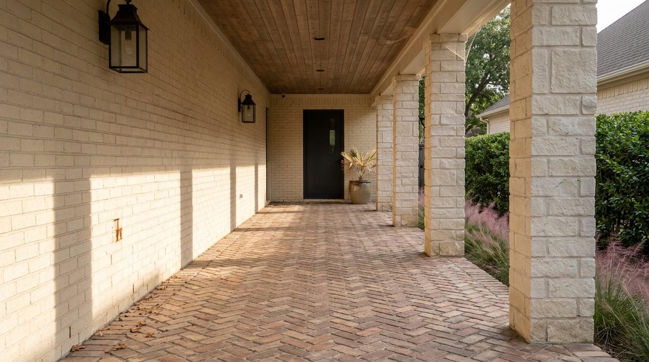 Brick-paved breezeway with limestone piers, a clipped hedge, and a black door at the far end.