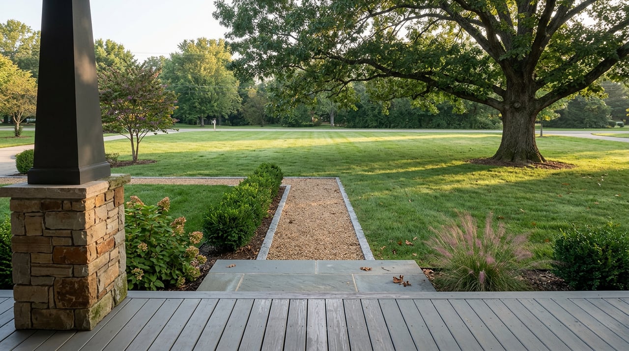 Porch with stone pier and charcoal column overlooking a gravel path, broad oak, and dew-covered lawn.