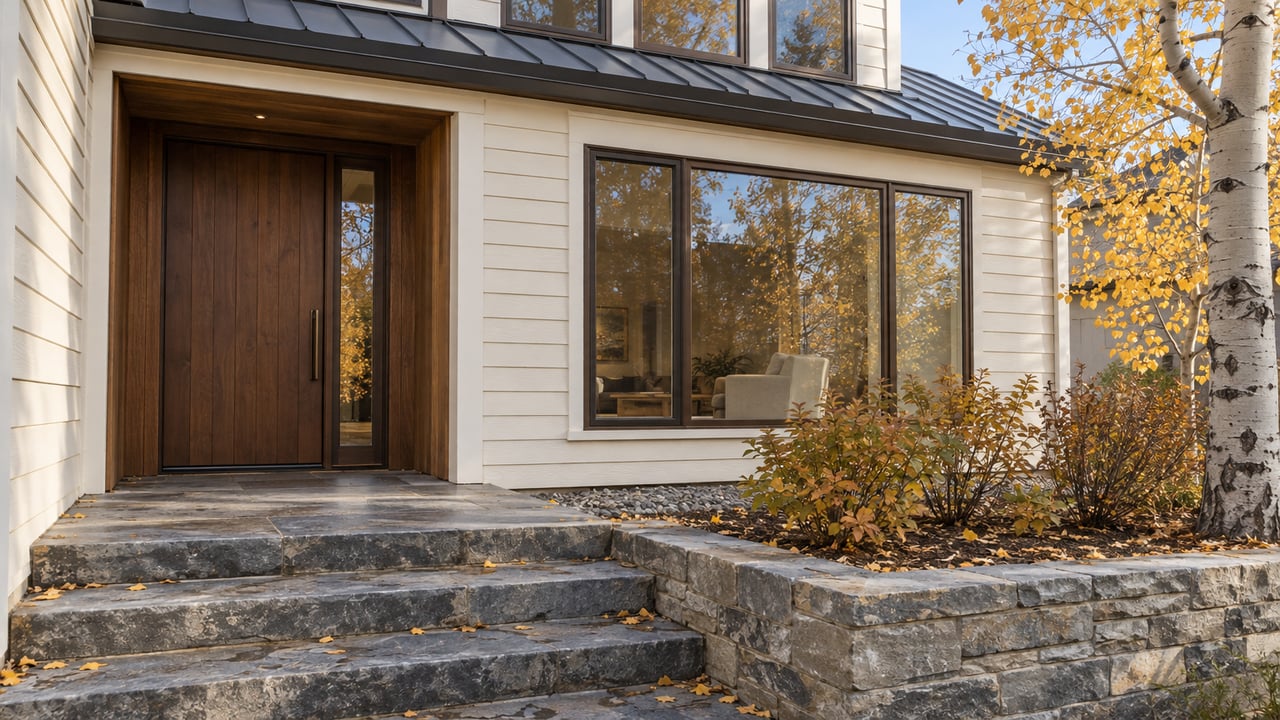 Late-autumn sunlight on a compact home's cream siding, timber entrance and stone steps beside golden aspen leaves.