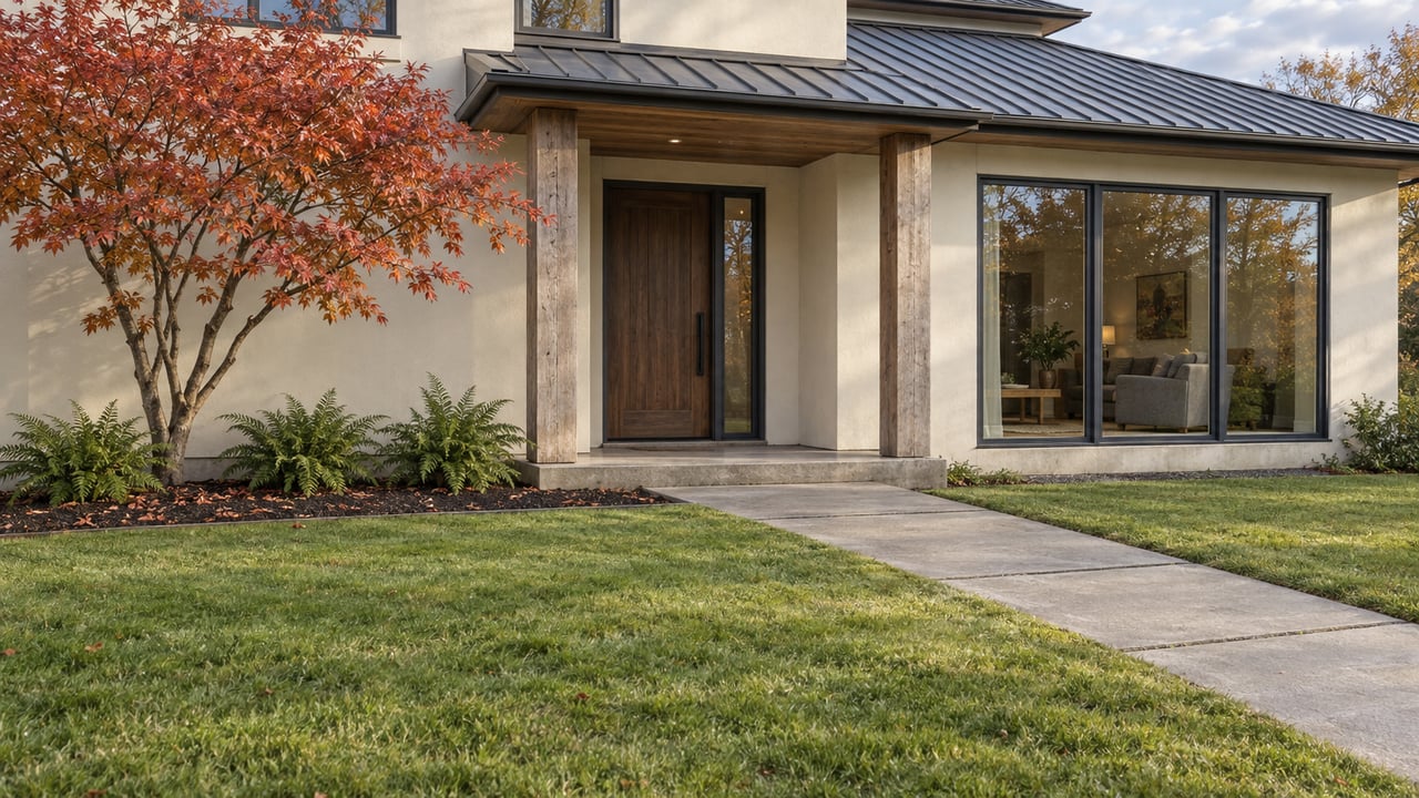 Contemporary home with timber entry, tall charcoal-framed windows and a broad lawn beside an autumn vine maple.