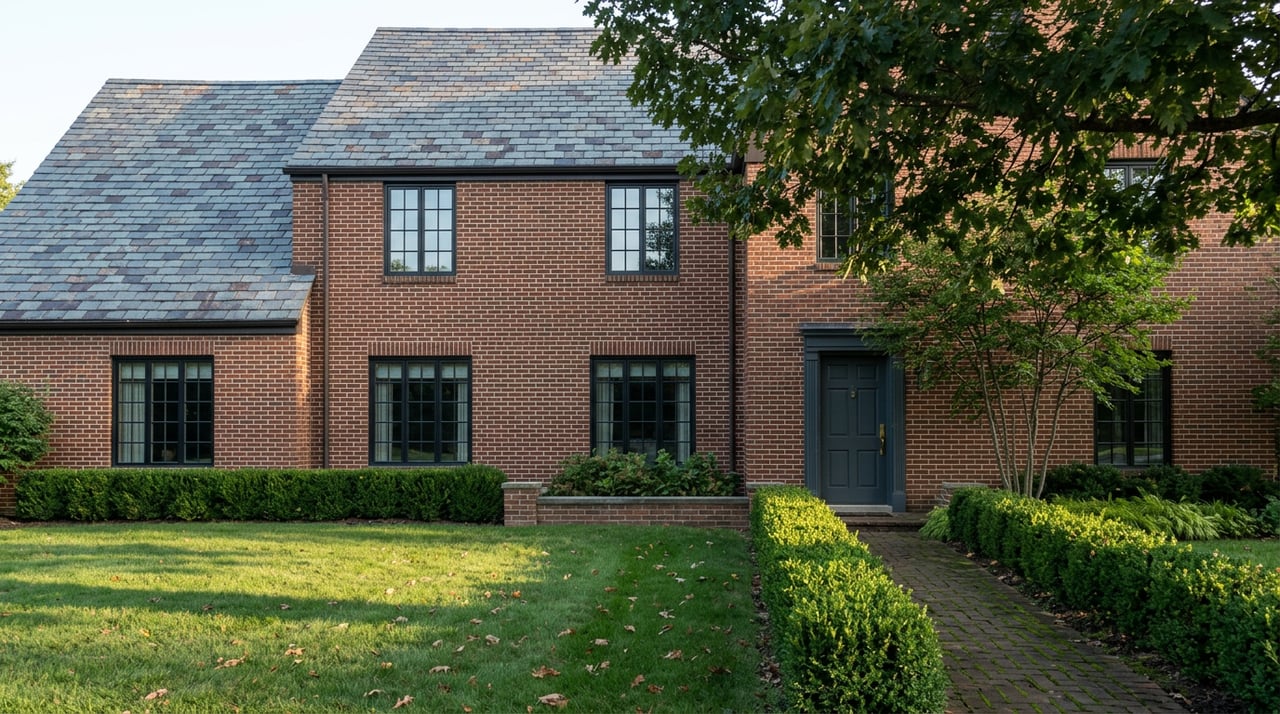 Two-story brick home with a slate roof, dark-paned windows, oak canopy, and a brick walkway crossing the lawn.