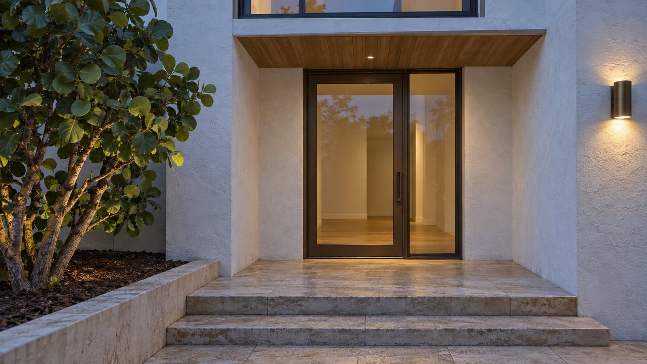 Blue-hour townhome entrance with white stucco, a warm wood porch ceiling, bronze-framed glass door, limestone steps, and one sea-grape specimen.