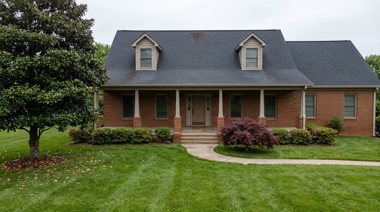 Two-story brick house with a covered porch, deep lawn, magnolia tree, and burgundy Japanese maple.