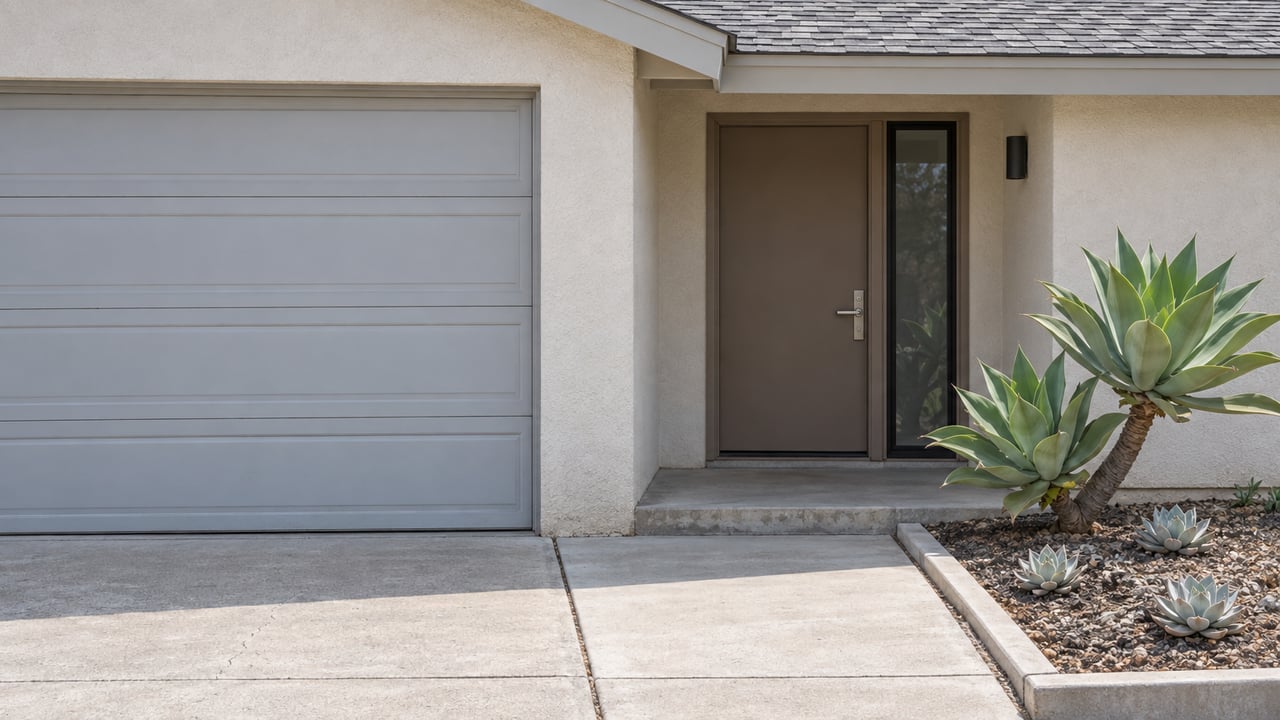 Close exterior view of a stucco home's garage and recessed front entry, with a concrete approach and sculptural succulents.